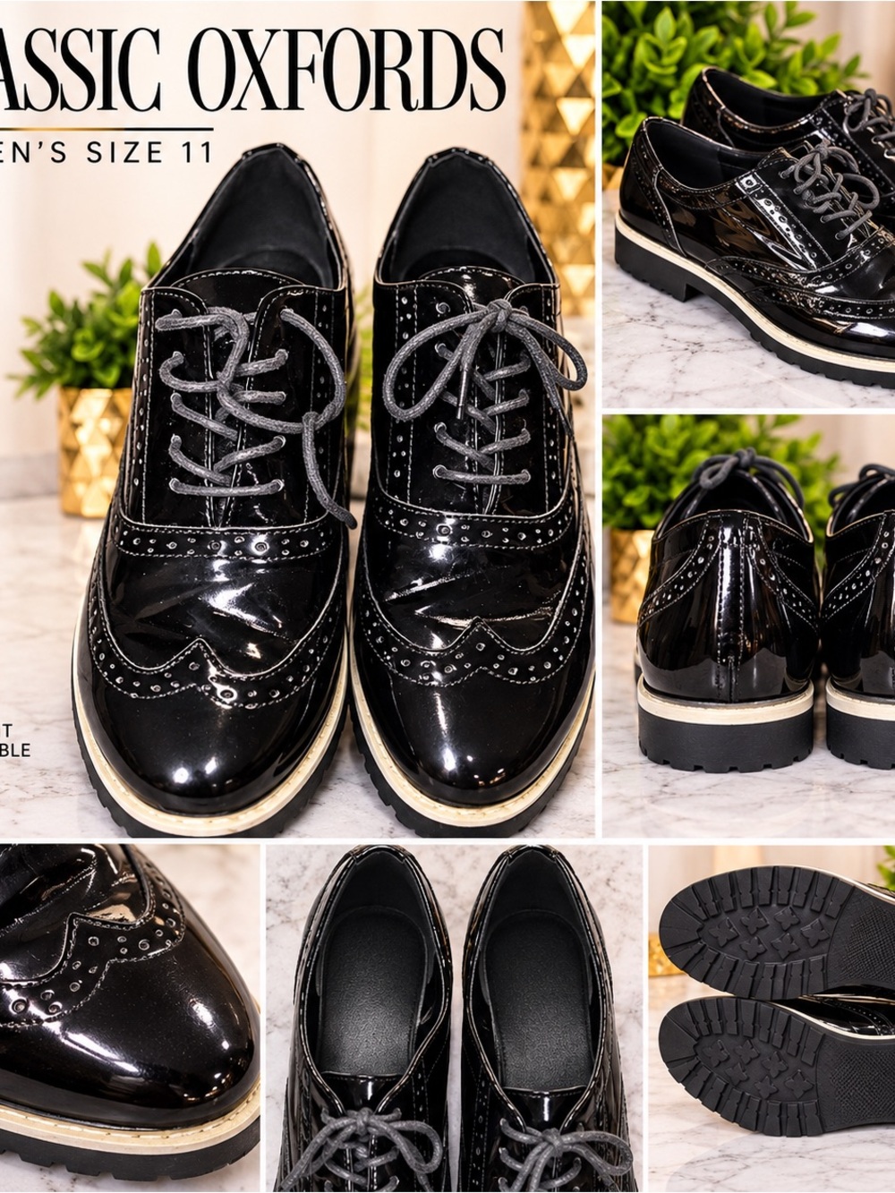 Women’s Black Patent Wingtip Oxford Shoes